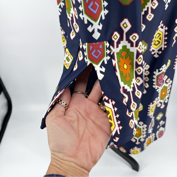 Jude Connally Navy Blue Boat Neck Shift Dress V-Neck Retro Print 70's Stretch - Picture 5 of 9